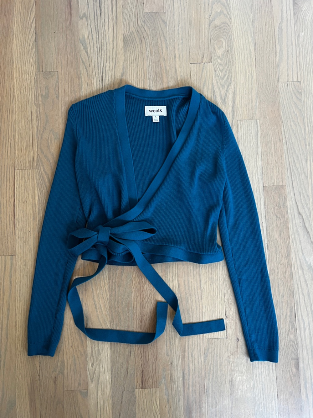 Wool& Adeline Wrap Sweater Royal Teal Blue Ribbed S 100% Merino Wool Cozy tie